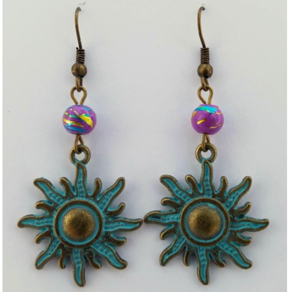 🆕 “Solar” Brass Patina/Purple Glass Earrings Gift